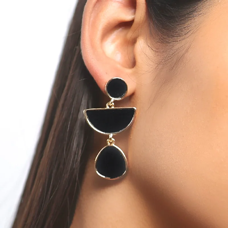 Art deco earrings-Organic Black Acrylic Gold-Toned Triple Drop Earrings