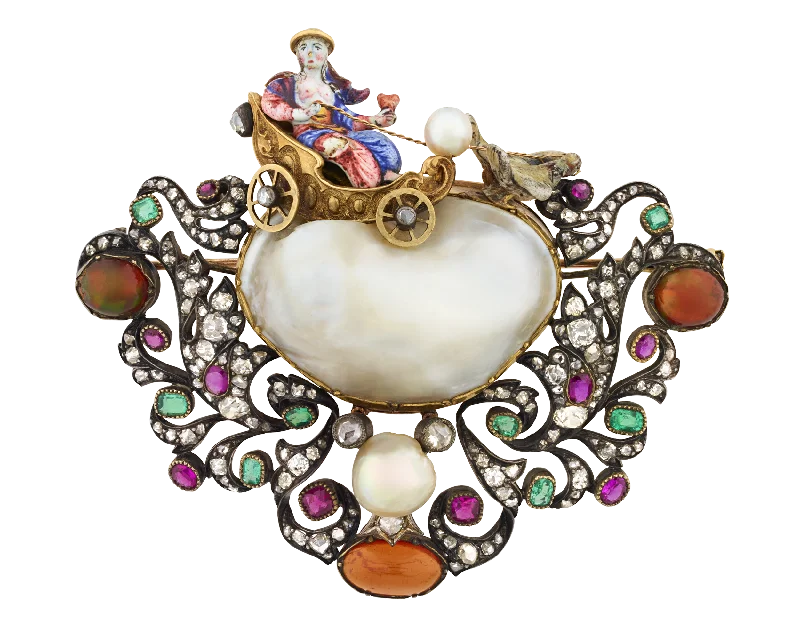 Turquoise gem brooch-Renaissance Revival Pearl and Enamel Brooch