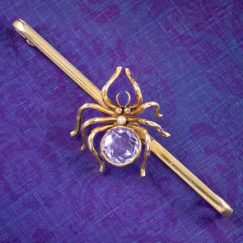 Joy charm brooch-Antique Victorian Amethyst Spider Bar Brooch 9ct Gold Circa 1900