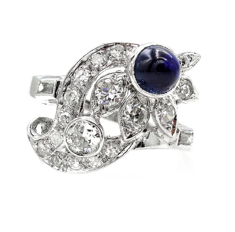 Stellar stone rings-Art Deco 2.50ct OLD European Diamond & Sugarloaf Sapphire 14k White Gold Ring