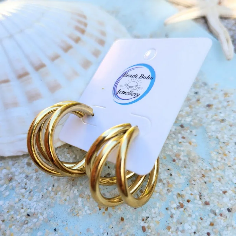 Silk cord earrings-GOLD HOOPS -  18K GOLD WATERPROOF STUD EARRINGS