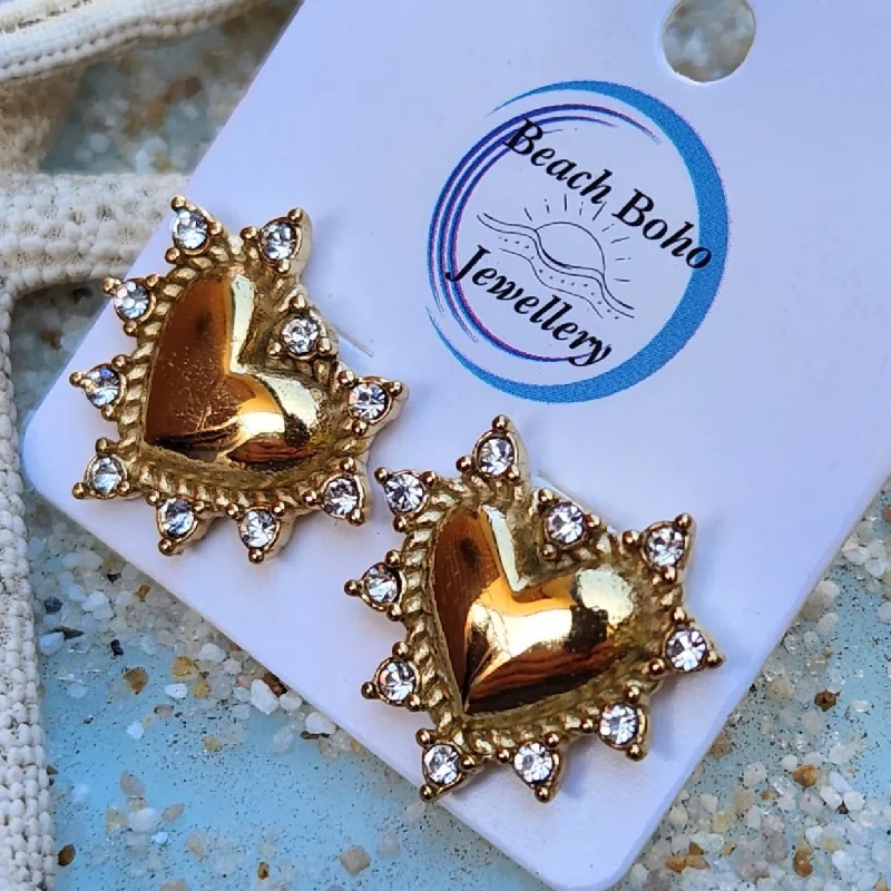 Dual-metal earrings-GOLDEN HEARTS - CUBIC ZIRCONIA 18K GOLD WATERPROOF STUD EARRINGS