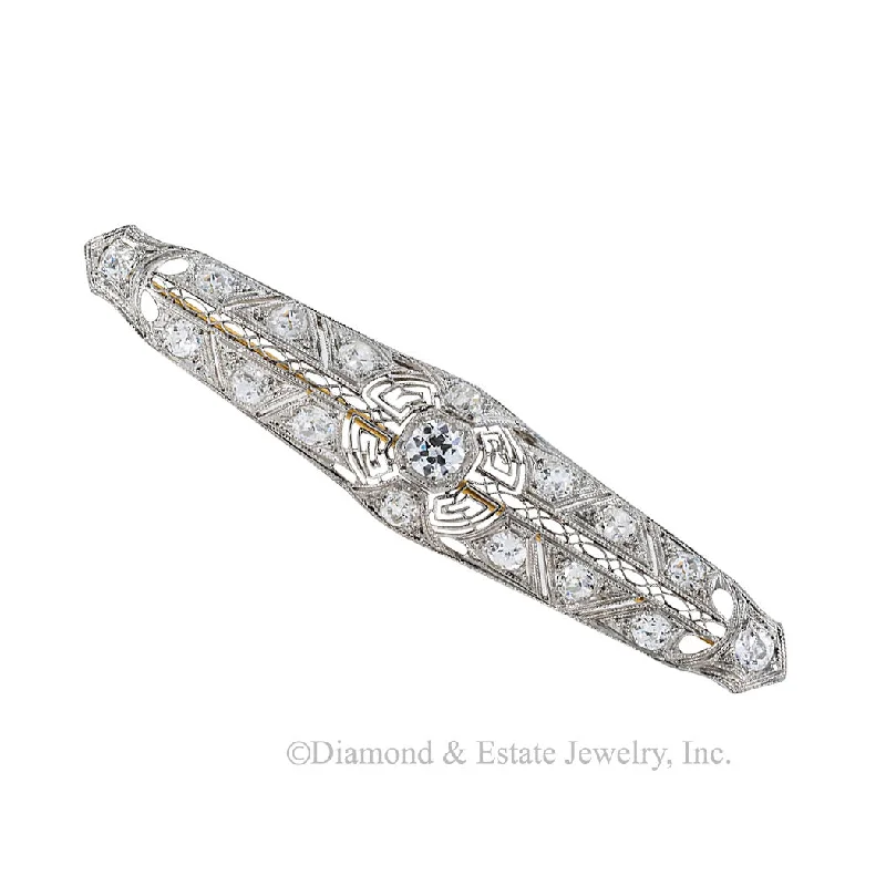 Victorian style brooch-Edwardian 2.25 Carats TW  Diamond Platinum Filigree Bar Brooch Circa 1910