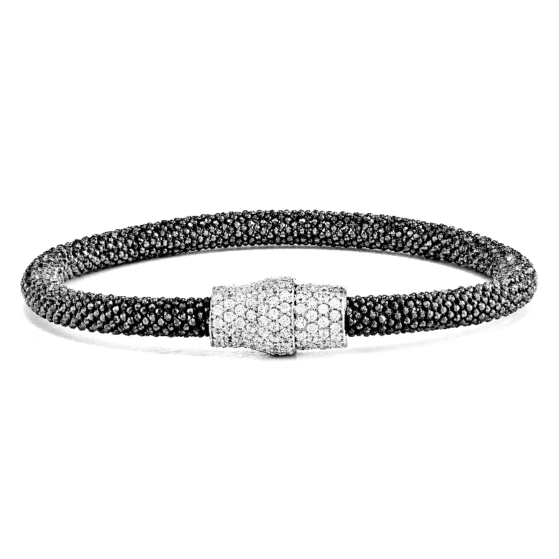 Wide chain bangles-Sterling Silver Black Rhodium Mesh 7.25 Magnetic Clasp Bracelet