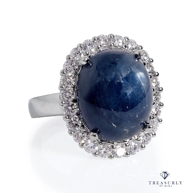 Topaz stone rings-GIA 15.27ct Vintage Estate Blue Cabochon Sapphire Diamonds Cluster Dinner Ring