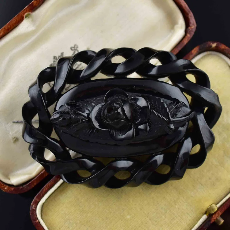 Baroque pearl brooch-Large Victorian Carved Whitby Jet Rose Mourning Brooch