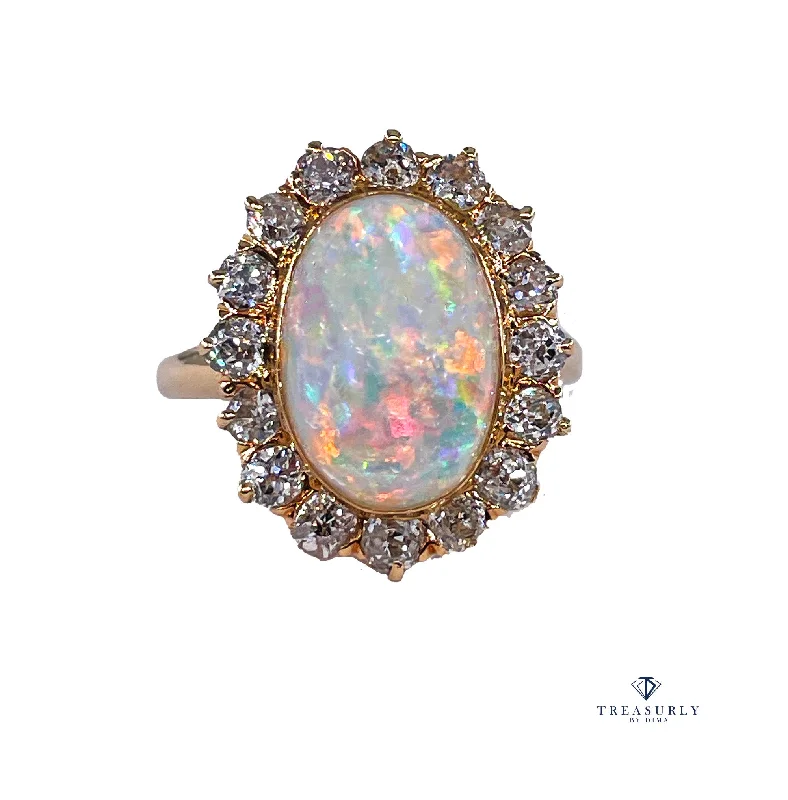 Woven cord rings-1900s 5.82ct Authentic Antique Australian Opal and Diamond Cluster Cocktail 18K Yellow Gold Ring