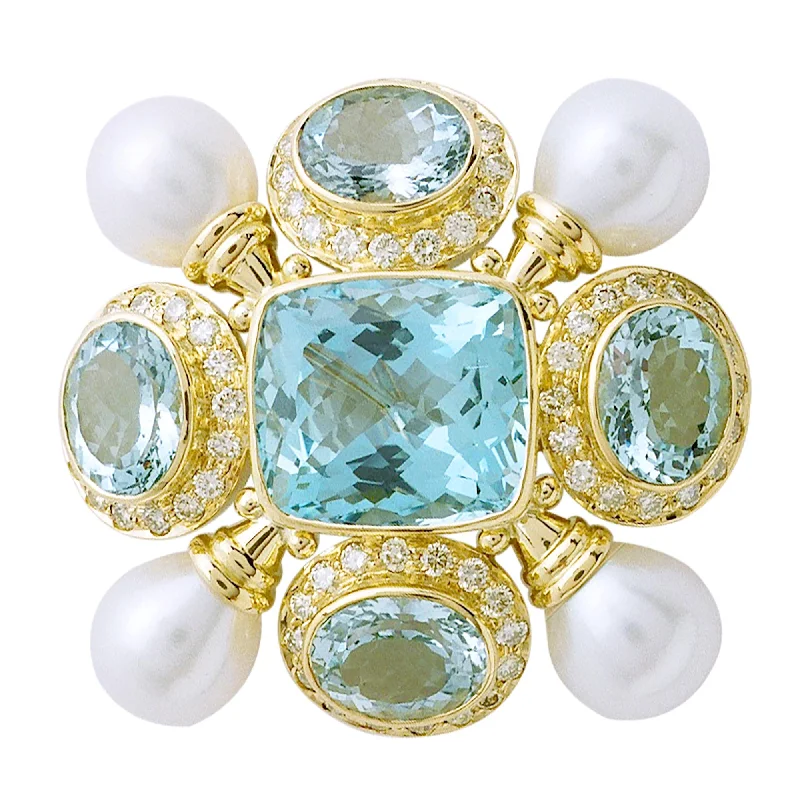 Mystic eye brooch-Brooch- Aquamarine, Pearl And Diamond