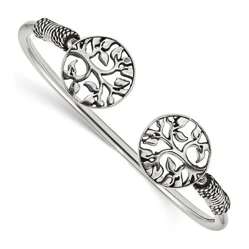 Loop charm bangles-Sterling Silver Antiqued Tree of Life Flexible Bangle Bracelet