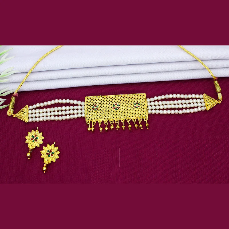 Low bar necklaces-Mahavir Dye Gold Pearl Choker Necklace Set