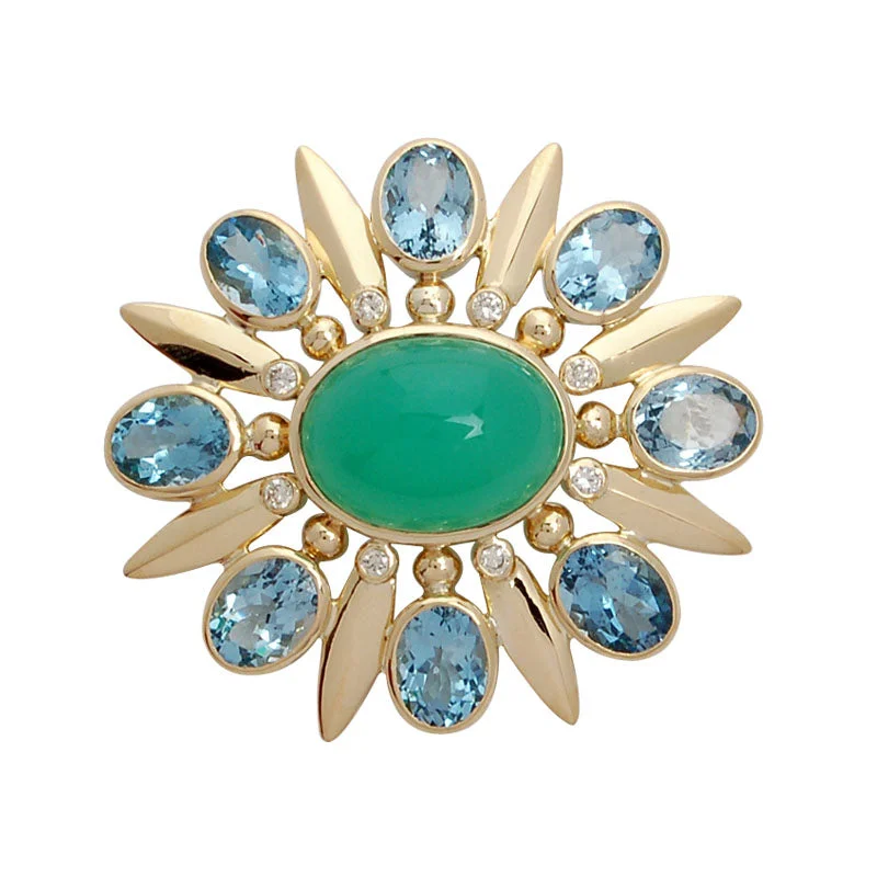 Fine pearl brooch-Brooch- Aquamarine, Chrysoprase And Diamond