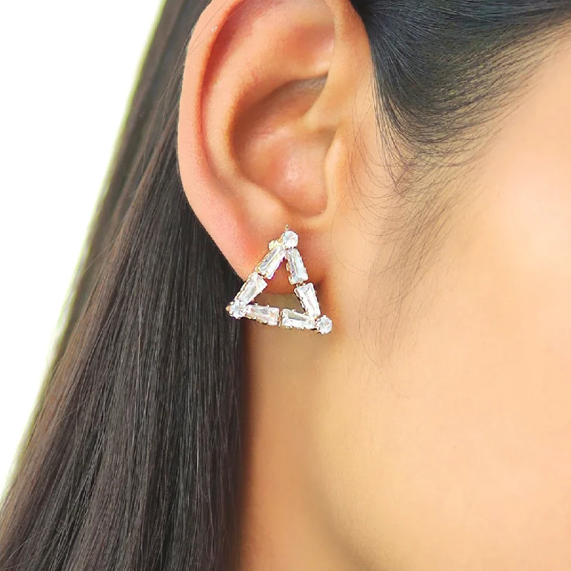 Rough texture earrings-Rhinestone Studded Triangular Gold-Toned Stud Earrings