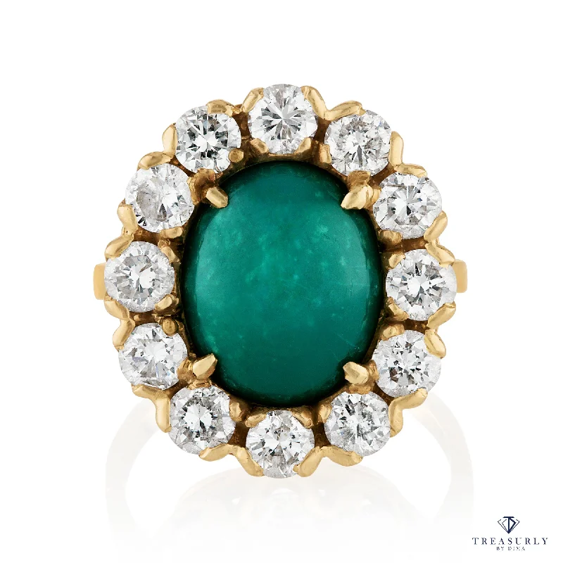 Petite flower rings-GIA 7.35ct Vintage Blue-Green Turquoise Diamond Cluster 14K Gold Ring