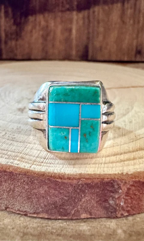 Daisy rings-SEAFOAM CURRENTS Turquoise & Sterling Silver Geometric Inlay Mens Ring • Size 11