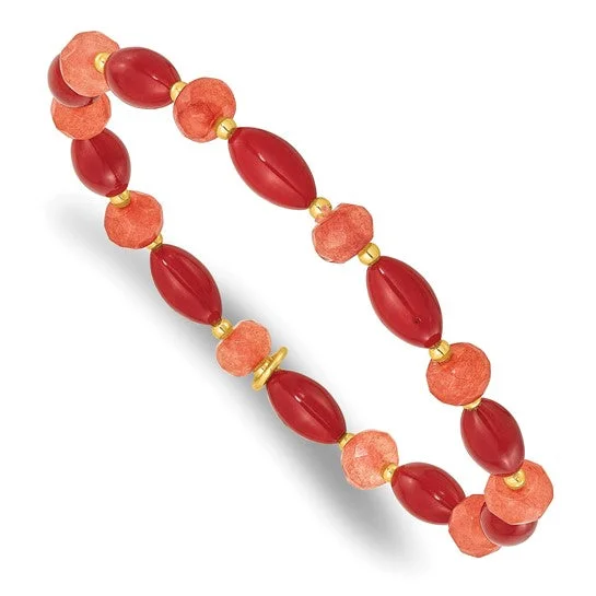 Leaf charm bangles-Sterling Silver Gold-plated Coral and Jade Beaded Stretch Bracelet