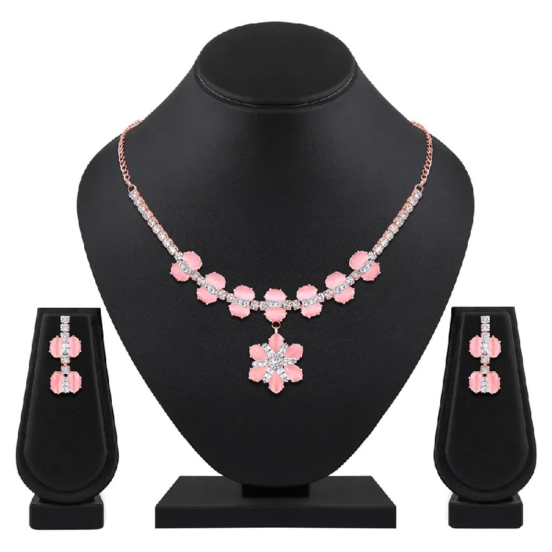 Round stone necklaces-Mahi Rose Gold Plated Pink and White Cubic Zirconia (CZ) Floral Women's Necklace Set (NL1103816ZPin)