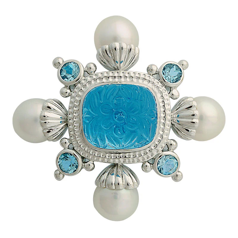 Cultured pearl brooch-Brooch-Blue Topaz and South Sea Pearl