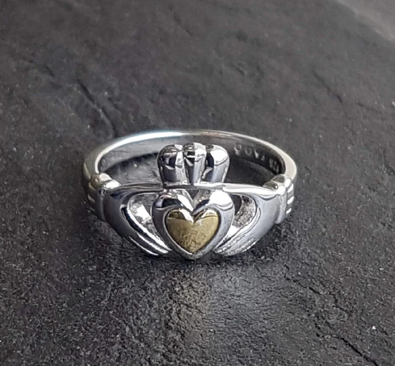 Bamboo design rings-Heart of Gold Claddagh Ring - Sterling Silver and 10k Gold