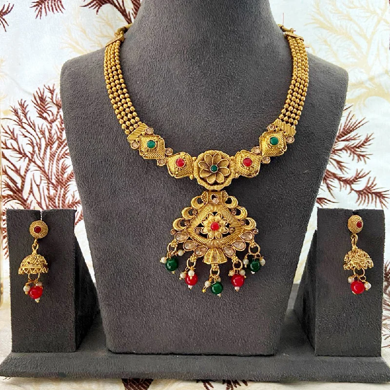 Amethyst drop necklaces-India Art Gold Plated Pota Stone And Beads Necklace Set