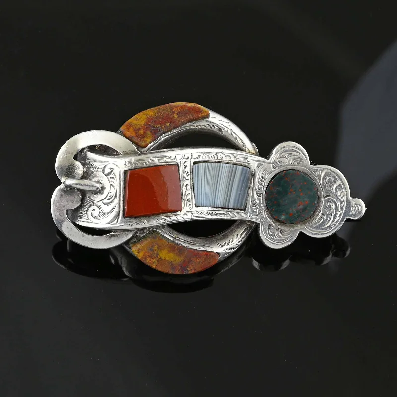 Round gem brooch-Antique Scottish Agate Silver Buckle Crescent Moon Brooch