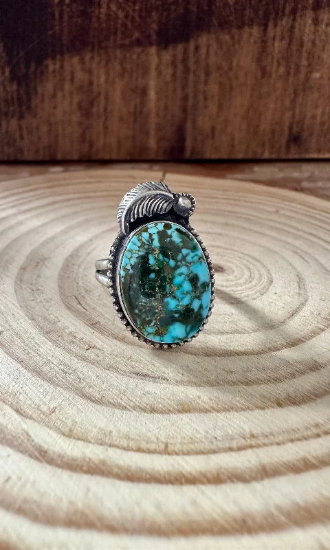 Topaz gem rings-TURQUOISE FEATHER DROPLET S. Cooke Sterling Silver & Turquoise Ring • Size 7 1/2