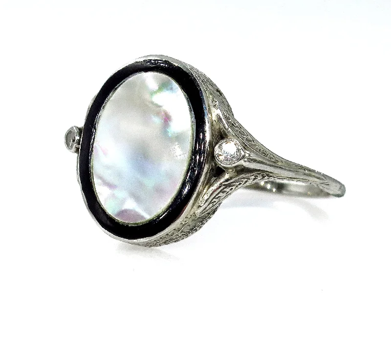 Bamboo design rings-Antique Vintage Art Deco Mother of Pearl & Diamond Platinum Ring