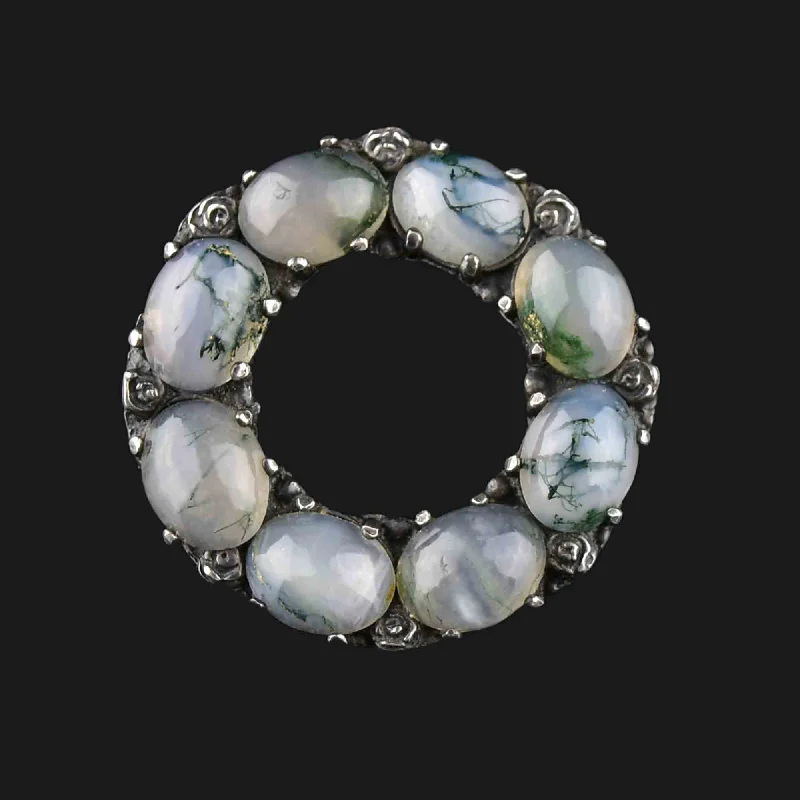 Sapphire stone brooch-Vintage Arts and Crafts Silver Moss Agate Brooch