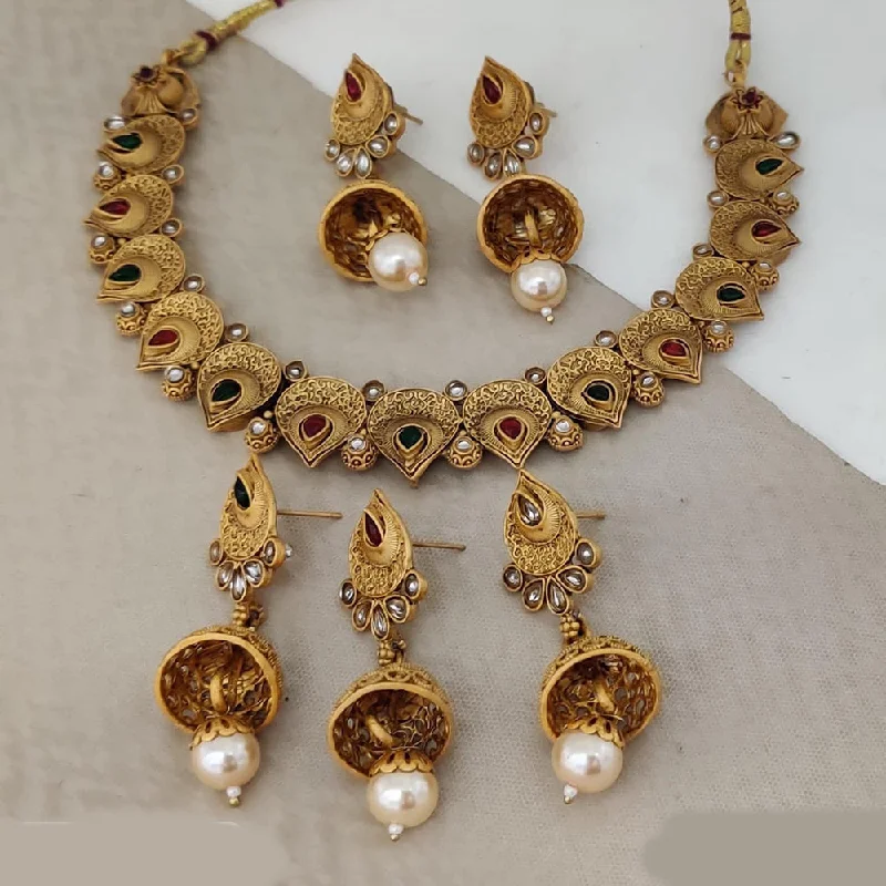 Polished bead necklaces-Rani Sati Jewels Gold Plated Pota Stone Necklace Set