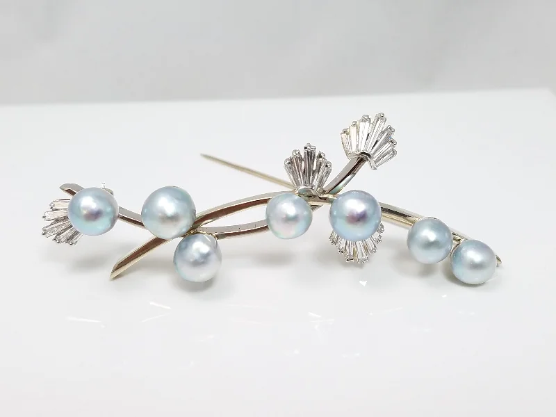 Cord edge brooch-Large Vintage 14k White Gold Natural Diamond Cultured Pearl Brooch