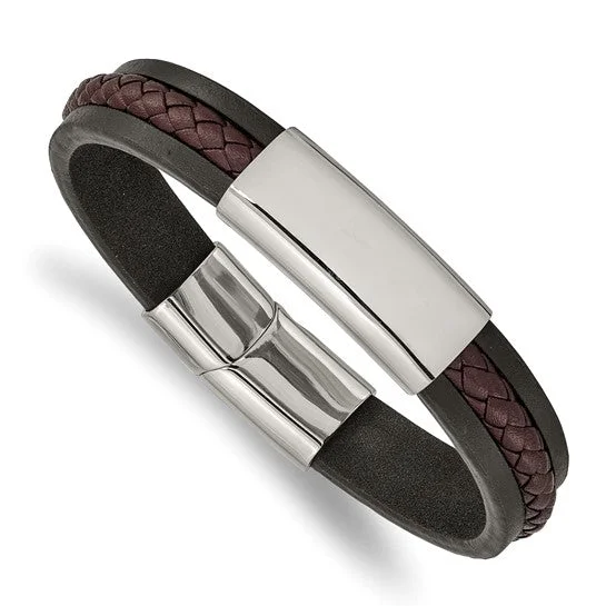 Layered link bangles-Stainless Steel Black and Brown Braided Leather 8.25 " ID Bracelet