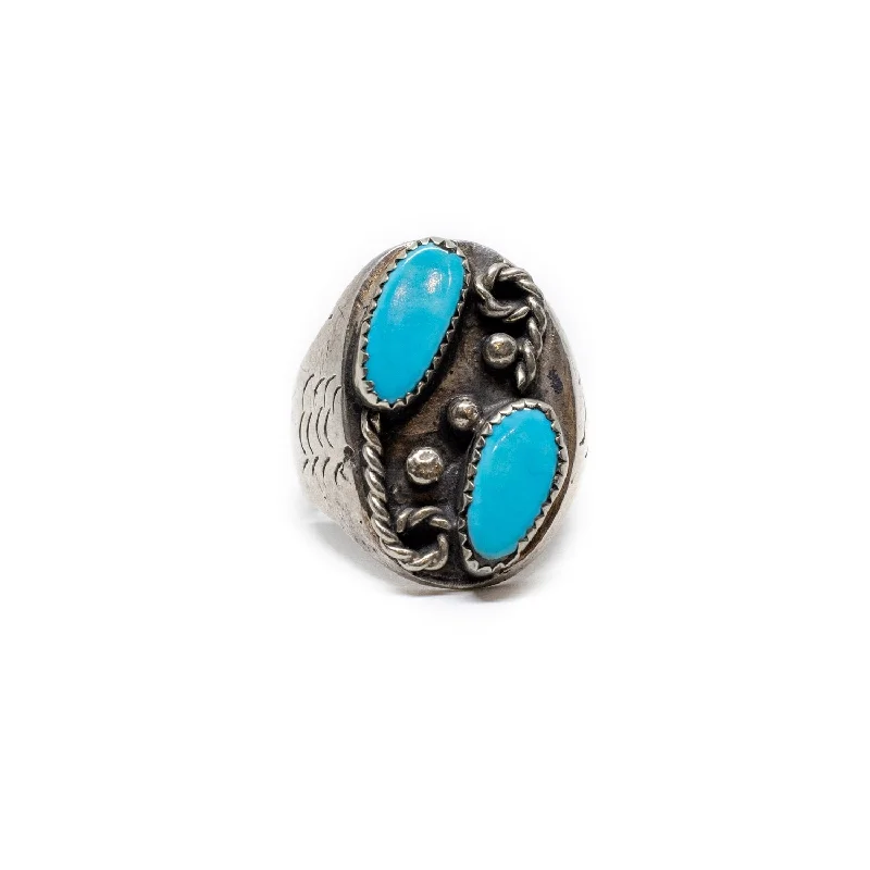 Petal carved rings-Twin Blue Turquoise Ring