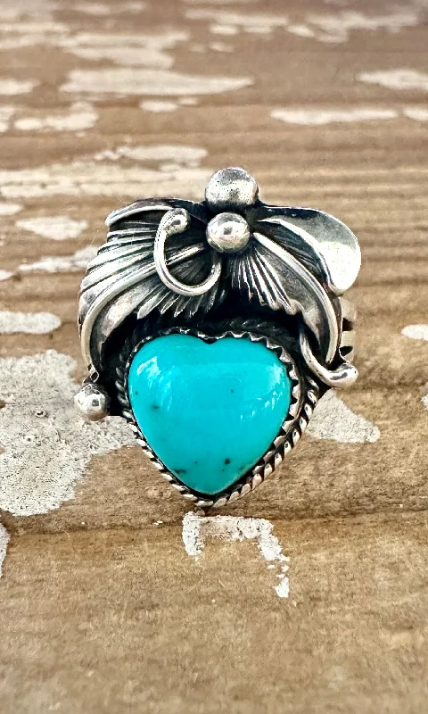 Smooth stone rings-BLUE CORAZON J. Piaso Jr Sterling Silver & Turquoise Flower Heart Ring • Size 7 1/4