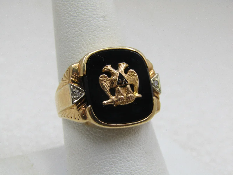 Citrine stone rings-Vintage 10kt Masonic Diamond Onyx Eagle 32nd Level Ring,  signed Romany, Sz. 9