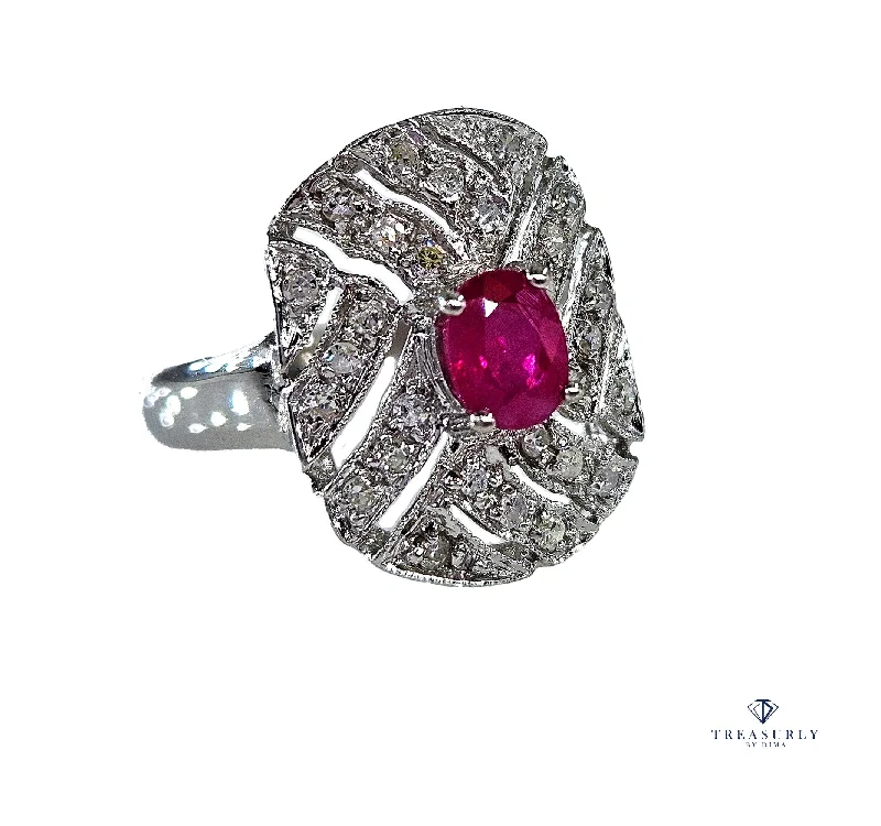 Fox design rings-Vintage Art Deco Style 0.75Carat Oval Ruby and Diamond 14k White Gold Ring