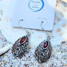 Thick stud earrings-VINTAGE GARNET DROPS -  PURE SILVER HILLTRIBE HOOK EARRINGS