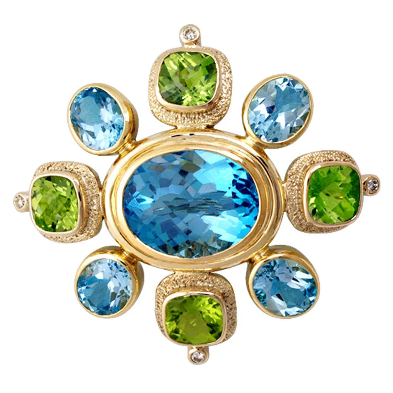 Raven feather brooch-Brooch-Blue Topaz, Peridot and Diamond