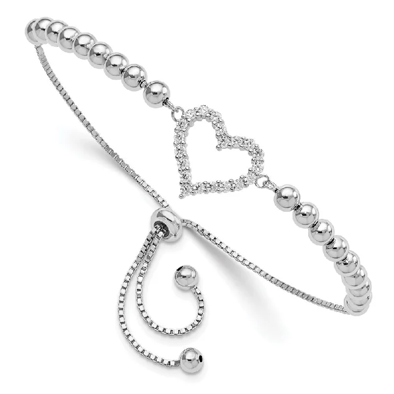 Fine bead bangles-Sterling Silver Beaded CZ Heart Adjustable Bolo Bracelet