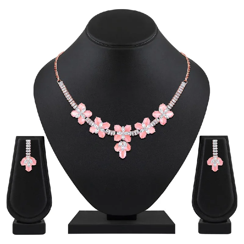 Dove feather necklaces-Mahi Rose Gold Plated Pink and White Cubic Zirconia (CZ) Floral Women's Necklace Set (NL1103819ZPin)