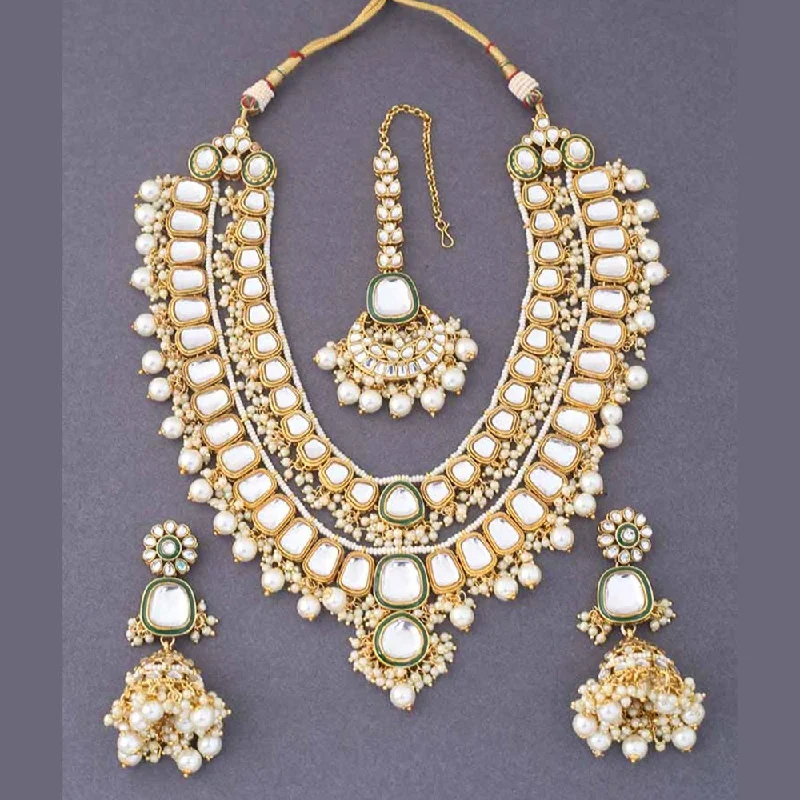 Curved pendant necklaces-India Art Gold Plated Kundan Necklace Set