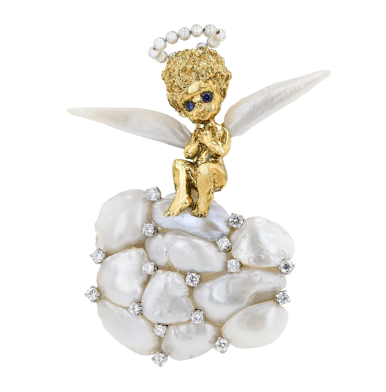 Topaz brooch-Ruser Baroque Pearl and Diamond Angel Brooch