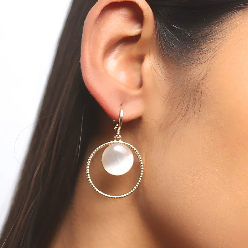 Aquamarine stud earrings-Circular White Moonstone Rose Gold-Toned Hoop Drop Earrings