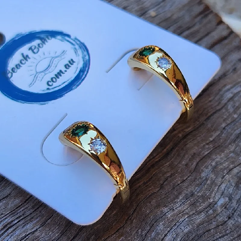 Thin threader earrings-GREEN CUBIC ZIRCONIA - TINY HUGGIES / GOLD HOOP WATERPROOF EARRINGS