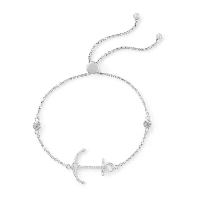 Cultured pearl bangles-Sterling Silver CZ Anchor Friendship Bolo Bracelet