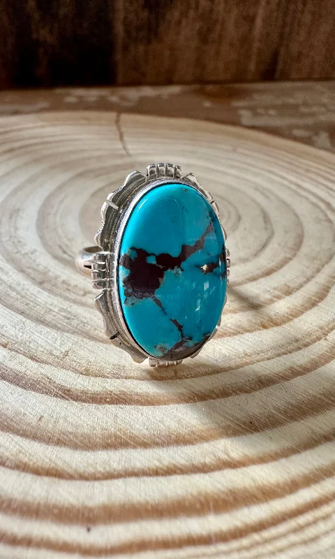 Oval shape rings-BOLD BLUE NAVAJO Kingman Turquoise and Sterling Silver Ring • Size 7