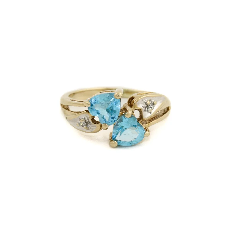 Gothic charm rings-10k Gold x Twin Heart Topaz & Diamond Cocktail Ring