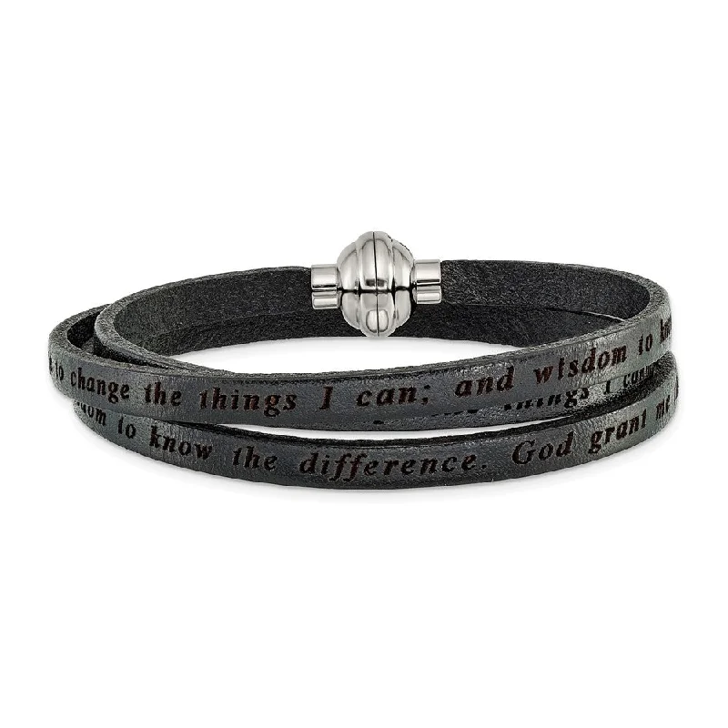 Vintage wrap bangles-Stainless Steel Serenity Prayer Black Leather Wrap 23.5 Inch Bracelet