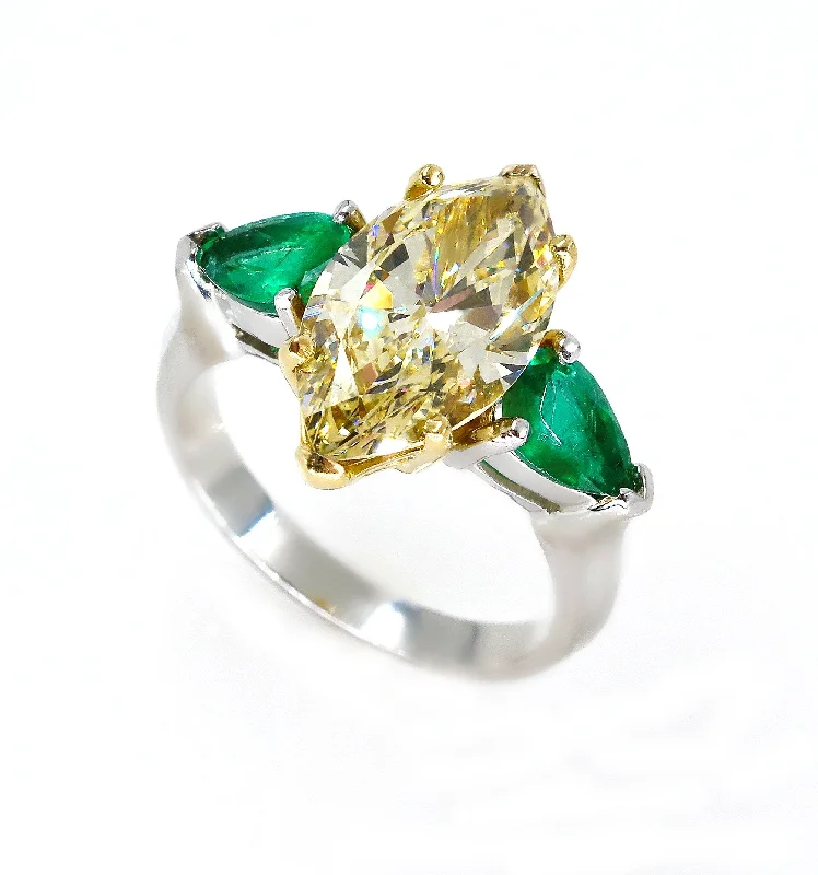 Dainty silver rings-Estate “Canary” 4.86ctw Natural Fancy YELLOW Marquise Diamond & Green Emerald Ring