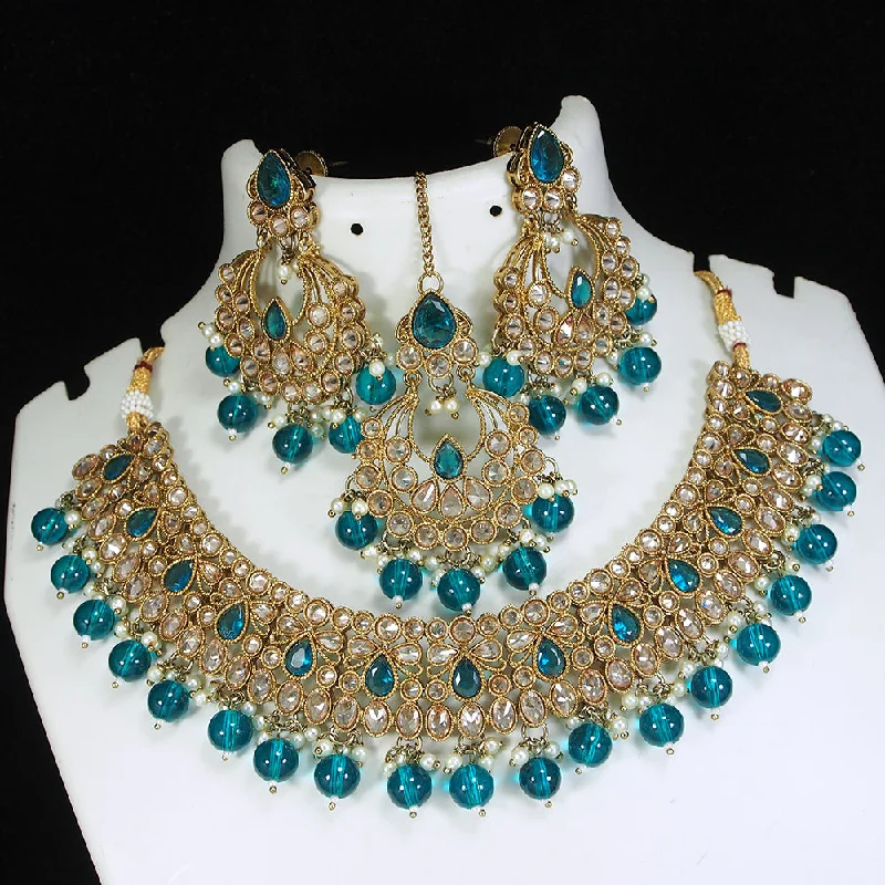 Boho fringe necklaces-LALSO Designer Mehendi Gold plated AD/Zircon Work Necklace Jewelry Set With Maangtika