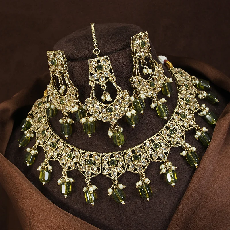 Dual gem necklaces-LALSO Antique Gold plated Necklace Jewelry Set With Maangtika