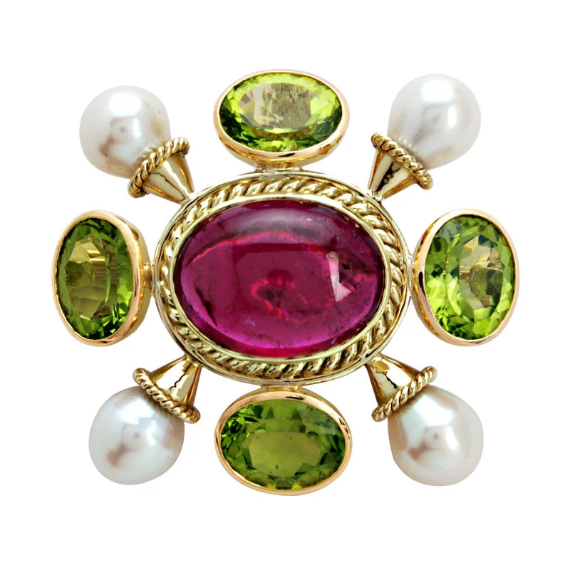 Art deco brooch-Brooch- Peridot, Pearl And Rubellite